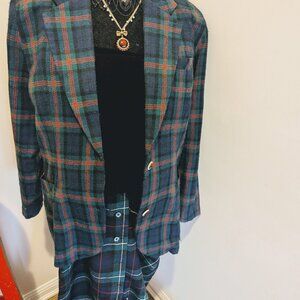 Vintage Plaid Wool Blazer Maxi Button Skirt Set Oversized